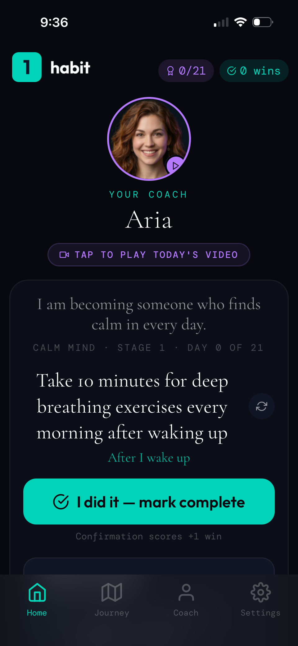 1habit app — coach Aria with today's habit